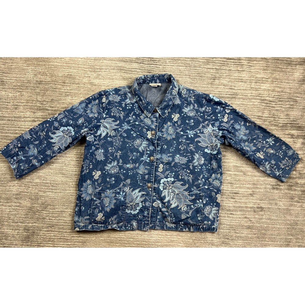 Coldwater Creek Jacket Womens XL Blue Floral Paisley Denim Button Front Pockets